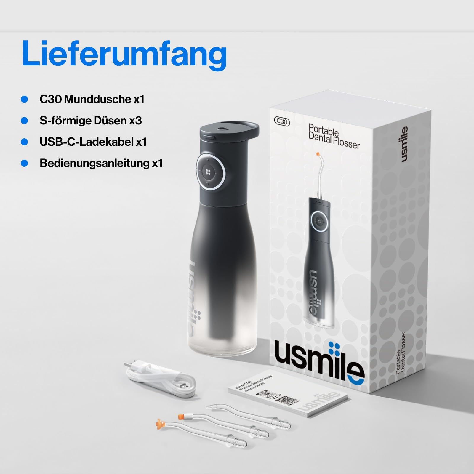 usmile C30 Tragbare Munddusche Kabellos, 300 ml Wassertank, 5 Druckstufen, S-Düsen für Zahnspangen & Invisalign, USB-C wiederaufladbar, IPX7 wasserdicht, Schwarz