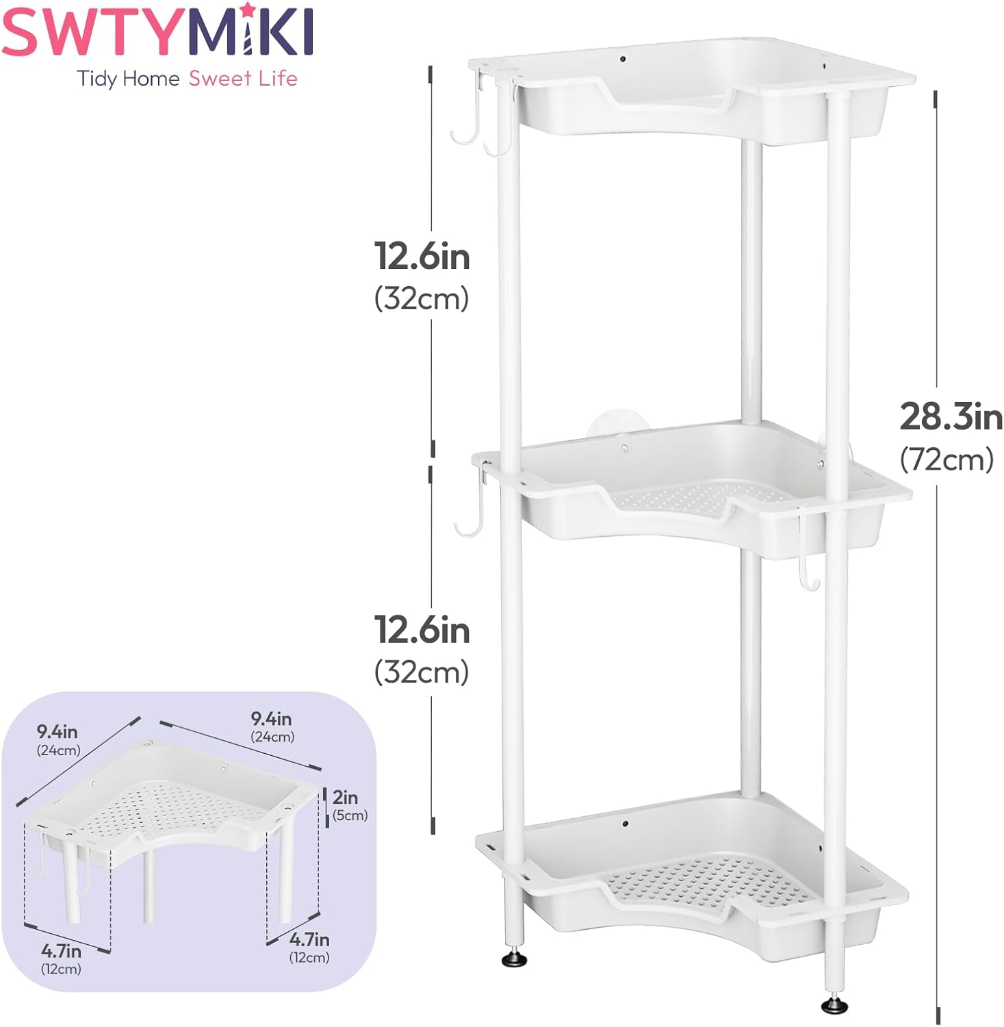 SWTYMIKI Corner Shower Caddy Standing - 3 Tier Floor Standing Shower Organizer with 4 Hooks, Plastic & Stainless Steel Waterproof Corner Stand Shower Shelf Storage Rack for Bathroom, Bathtub, White