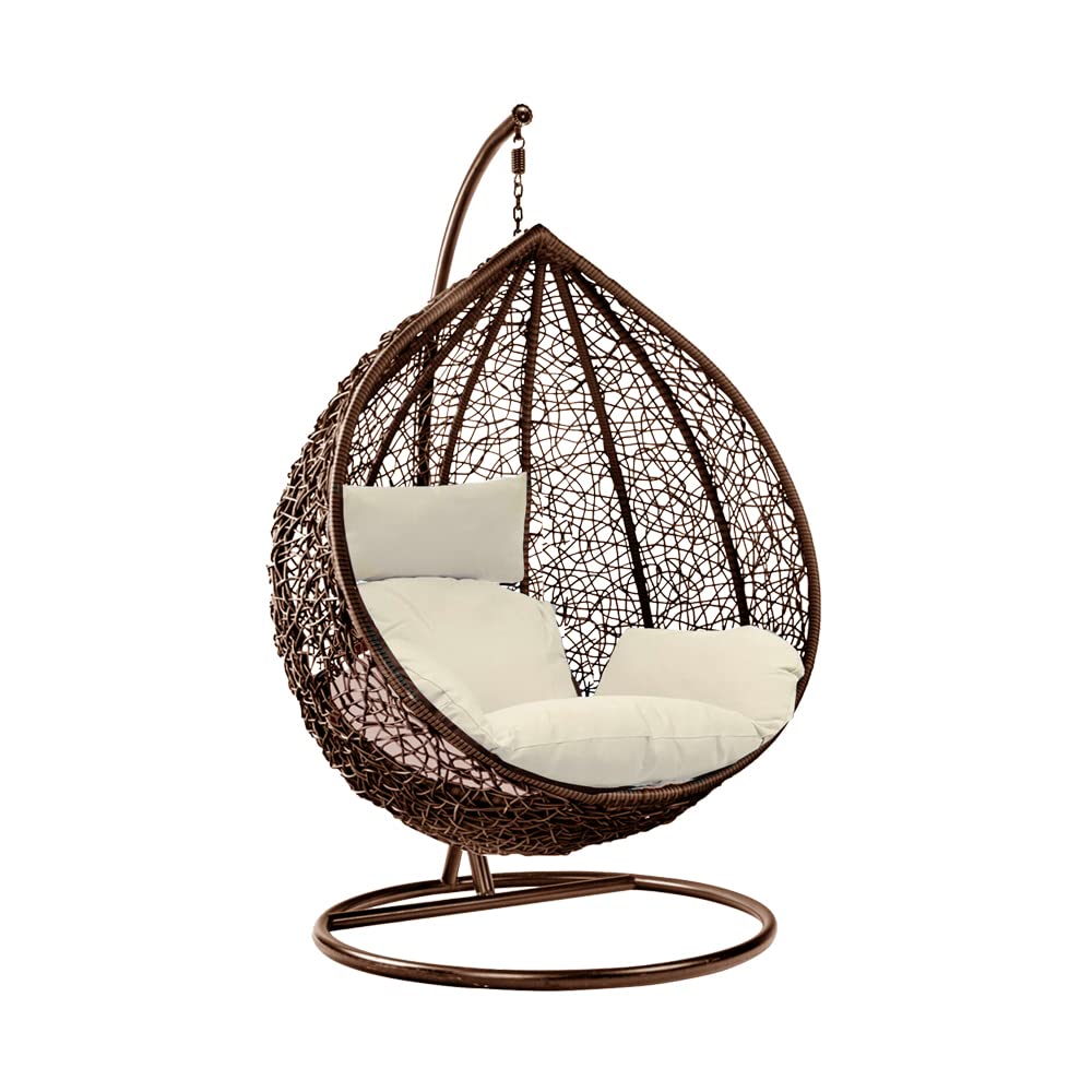 wowsubli Rattan Swing Egg Chair with Stand Outdoor Indoor Garden Patio Hanging Egg Chair with Cushion (Brown Egg Chair & White Cushion)