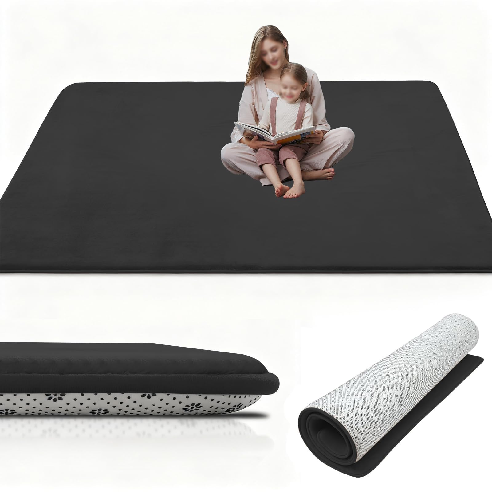 Tappetino da Gioco Antiscivolo 200 x 400 cm Nero | per Bambini in Velluto di Corallo 3 cm Spessore per Bambini e Neonati Tappetino per Bambini per Pavimento