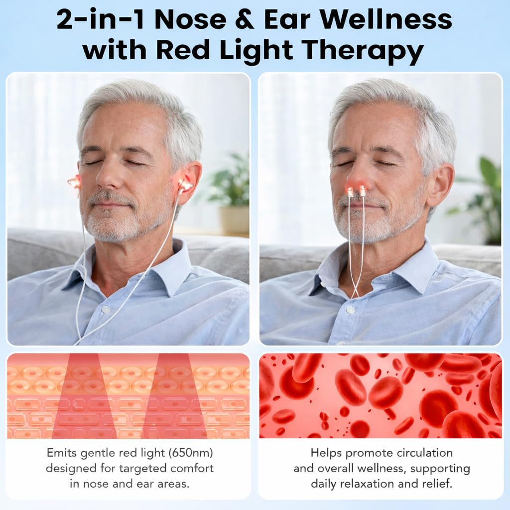 2026 Upgraded 2-in-1 Red Light Therapy Device for Ears & Nose – 650nm Red Light to Relieve Ear Discomfort & Support Hearing, Soft Silicone Tips, Portable Storage Case