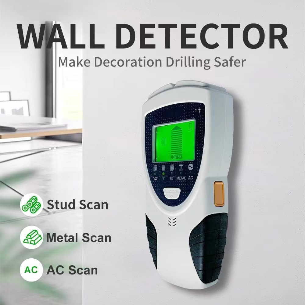 Detector de Vigas Profesional 5 en 1, Escáner de Pared con Sensor Inteligente Pantalla LCD Retroiluminada y Alarma Sonora, Detección Madera Metal Cables hasta 5,1cm para Bricolaje y Reformas