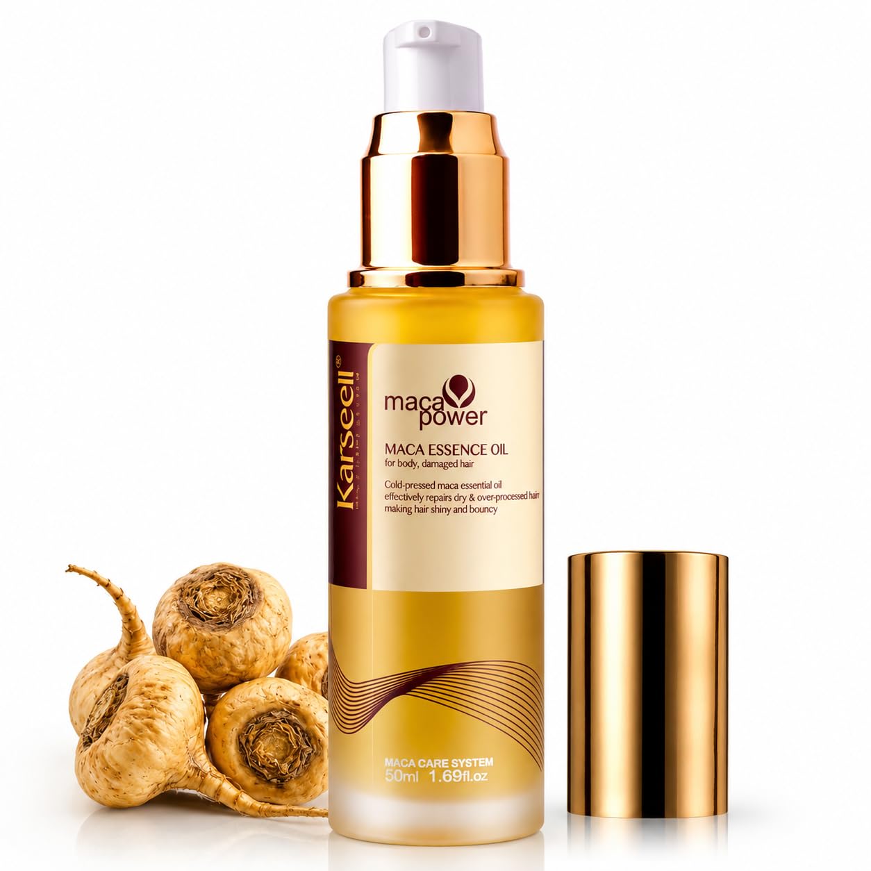 Karseell MACA CARE SYSTEM Sérum Capilar Profesional Aceite de Argán Karité Hidratación Reparación Brillo Antifrizz Alisado Nutritivo Puntas Abiertas Cabello Seco Dañado Teñido Rizado Sin Sulfatos 50ml