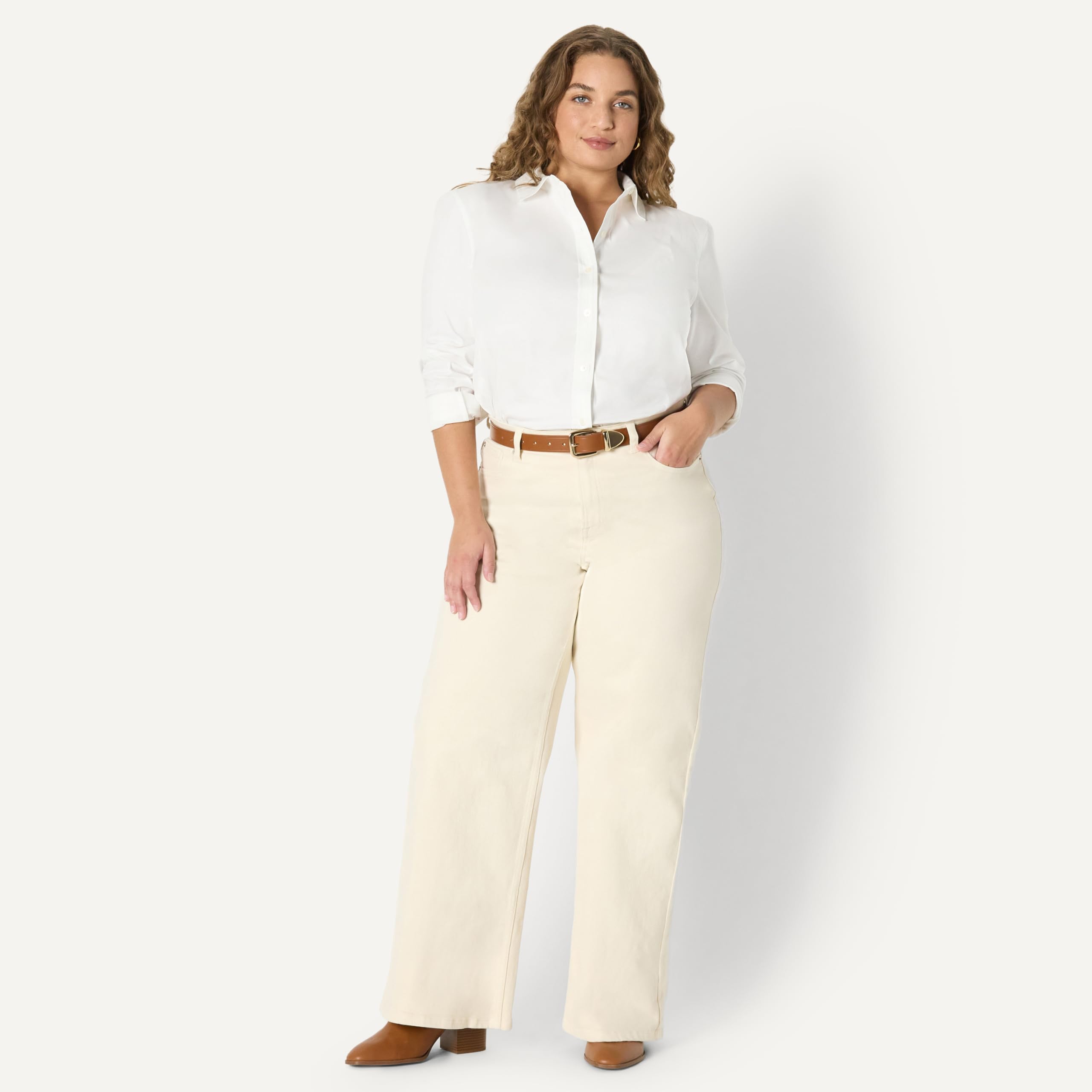 Amazon Essentials Mujer Camisa de Vestir con Botones de Popelina Elástica
