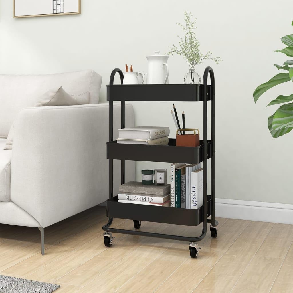 3-Etagen-Wagen Schwarz 43x34x79 cm Stahl Aufbewahrungswagen mit Rollen und Bremsen für Büro Küche Haushalt Lagerung Organizer