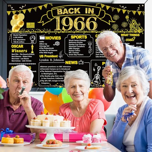 Image of DARUNAXY 60th Birthday Black Gold Party Decoration, Back in 1966 Banner 60 Year Old Birthday Party Poster Supplies Vintage 1966 Backdrop Photography Background for Men & Women 60th Class Reunion Decor