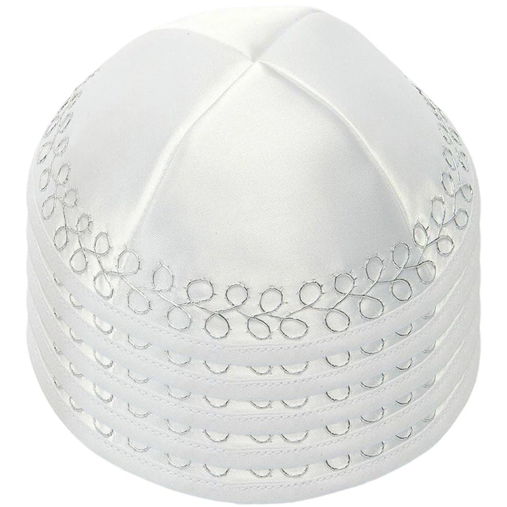 Fituenly Men's White 5Pcs Kippah Hat, Designed In Israel Embroidered Yamaka Jewish Hats Yarmulke Hat For