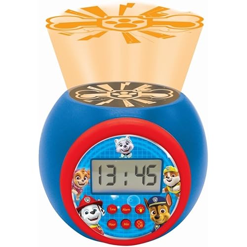 LEXIBOOK - Paw Patrol Projector Alarm Clock with Snooze Function and Alarm Function,Night Light with Timer, LCD Screen, Battery Operated, Blue/Red, RL977PA