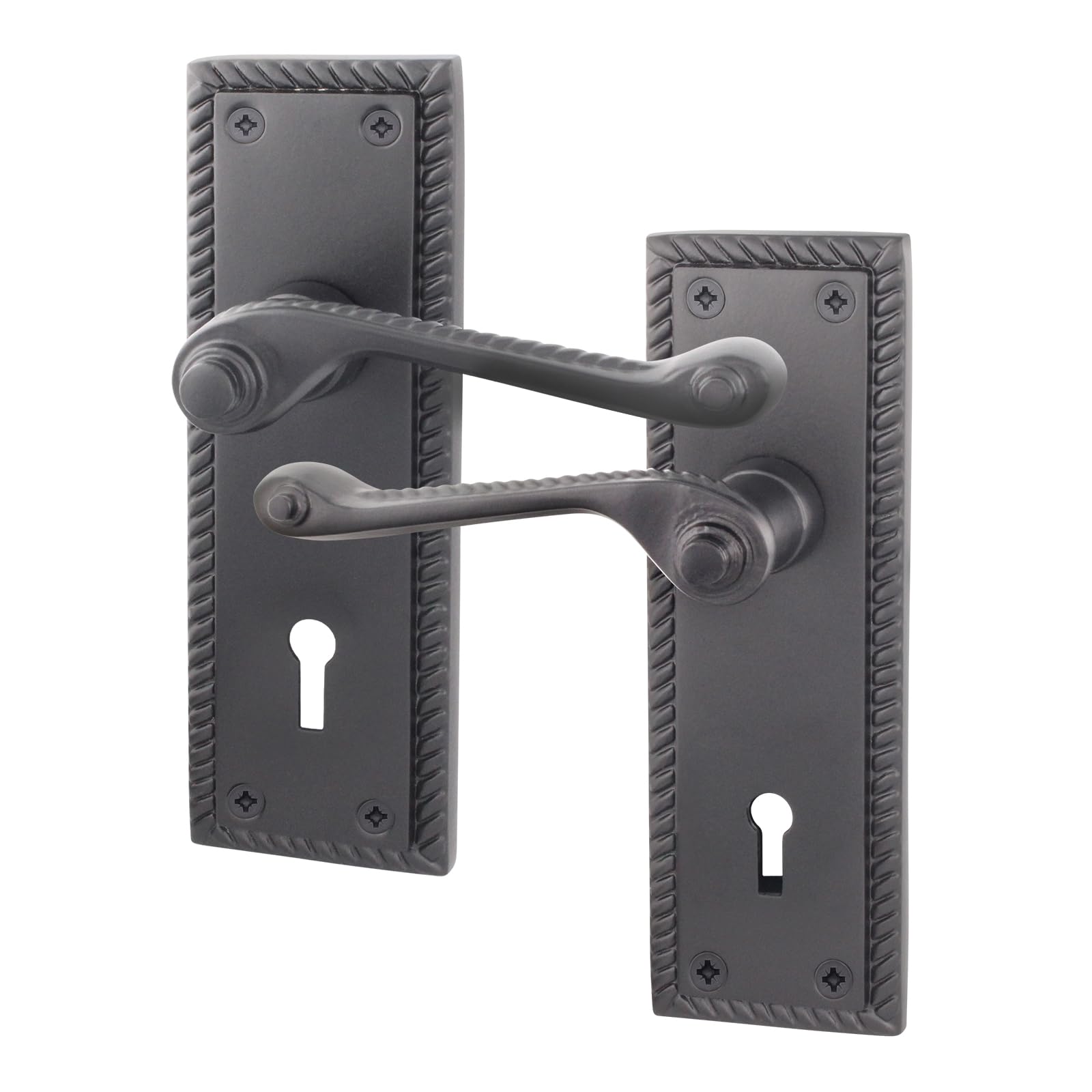 EAI Matt Black Door Handles Sash Lock, 1 Pair on Backplate - Rope Scroll