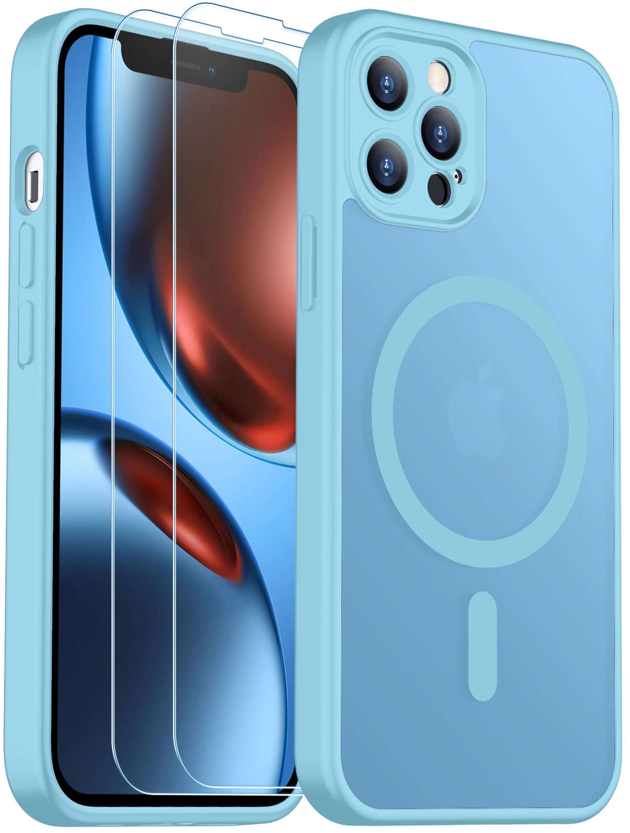 SPIDERCASE Designed for iPhone 12 Pro Max Case, Magnetic Translucent [2 Tempered Glass Screen Protector] Anti-Fingerprint Anti-Scratch for iPhone 12 Pro Max, Light Blue