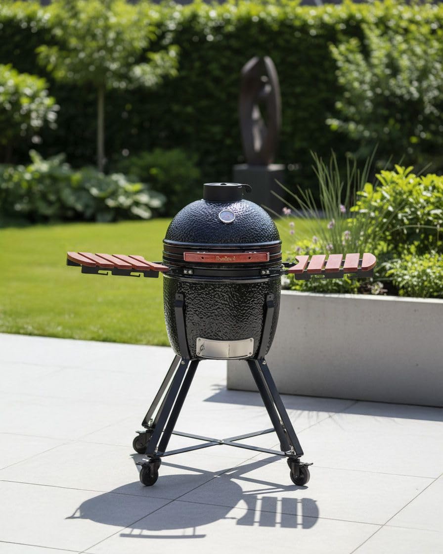Ogrodowy grill węglowy ceramiczny na kółkach z pokrywą termometerem rusztem czarny Kamado