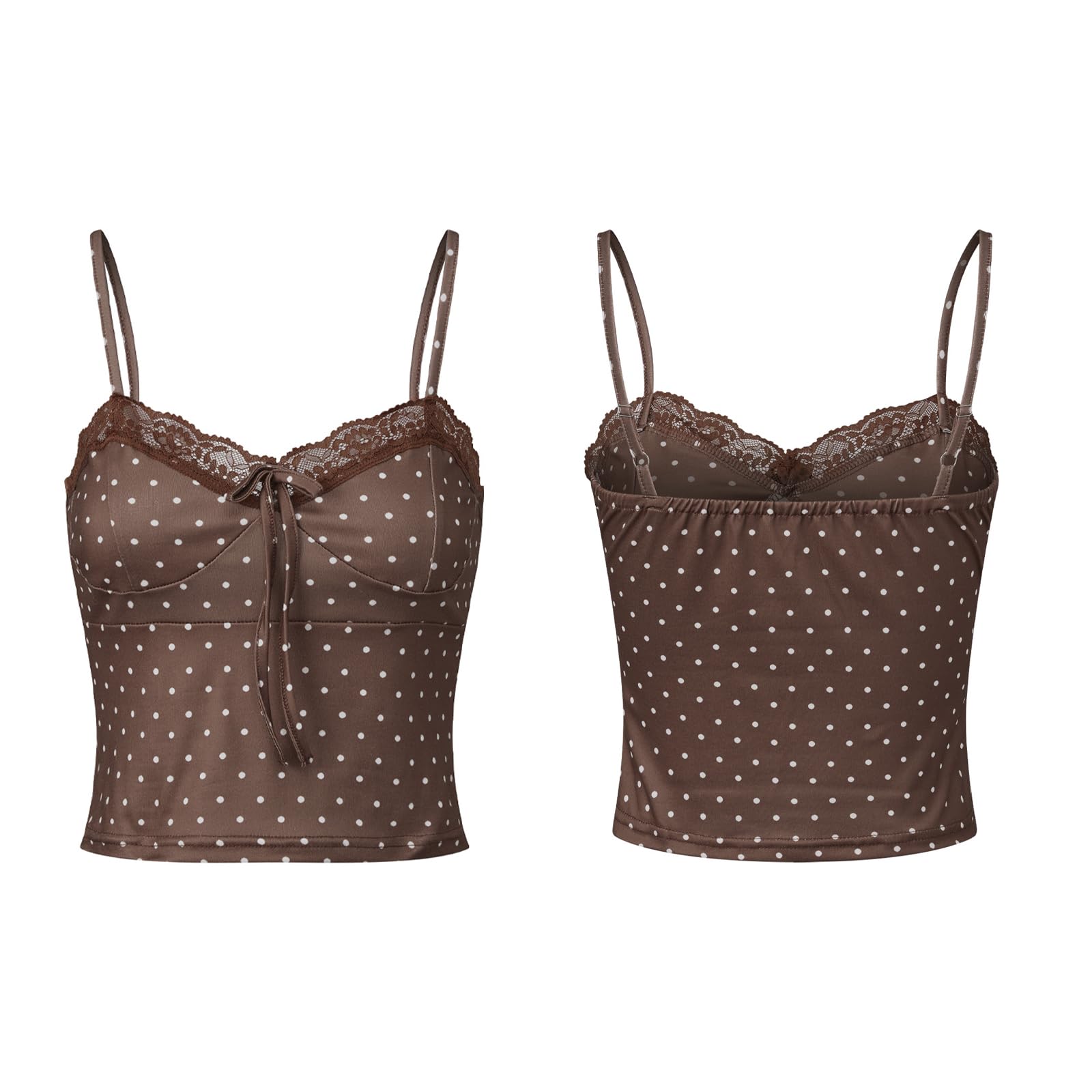 Sexy outfit Damska Y2K w kropki z koronkowym wykończeniem Top na ramiączkach V dekolt Spaghetti pasek Dopasowana krótka koszulka Lato Casual Wyjściowe top