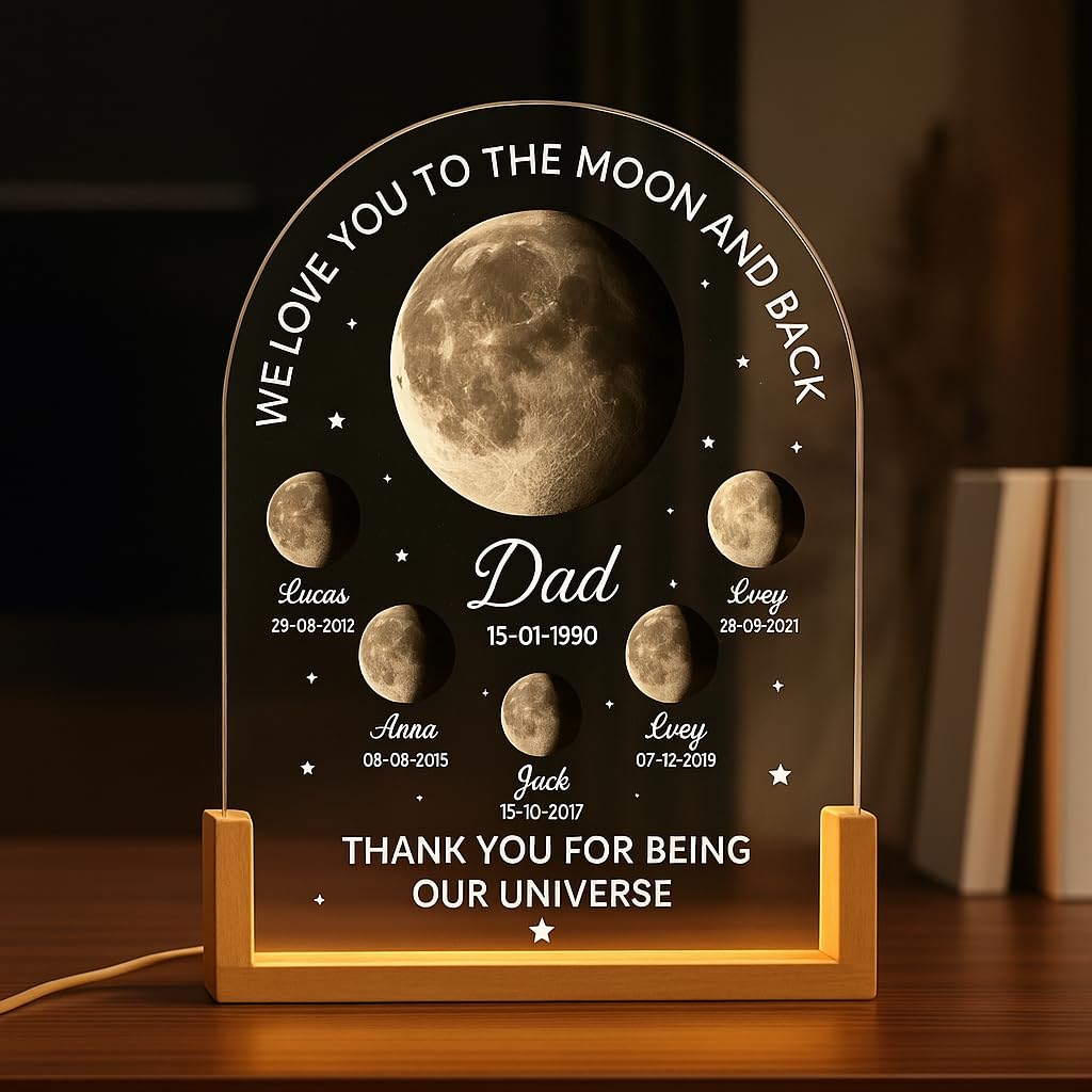 Personalized Dad Moon Gift Daddy's Universe Moon Phase Light Frame, Custom Fathers Universe Night Light Plaque with Kid's Name (Dad Frame 2)