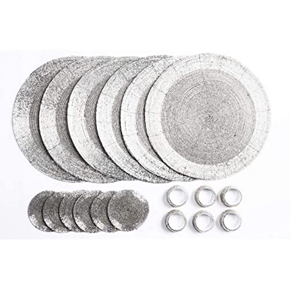 Penguin Home Handcrafted Glass Beaded Round Placemats, Coasters & Napkin Rings Set of 18 - Handmade Table Place Mats for Dining - 32 cm (13") Diameter (Silver)
