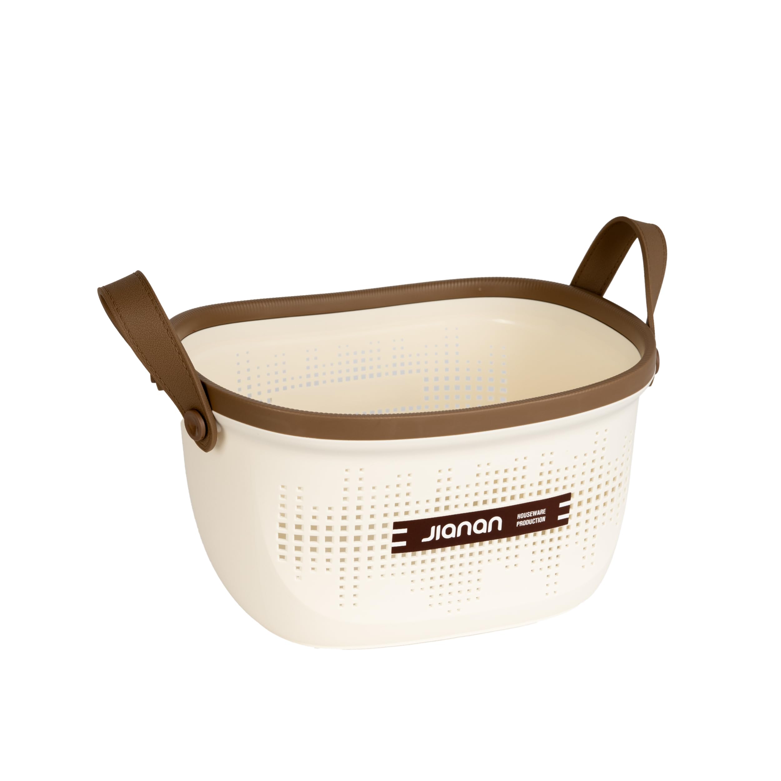 DH Cesta Organizadora Multiusos de Plástico PP, 25x19x13cm – Resistente y Apilable con Mangos Antideslizantes – Diseño Elegante para Hogar, Cocina, Ropa, Juguetes – Color Crema y Marrón (T-S)
