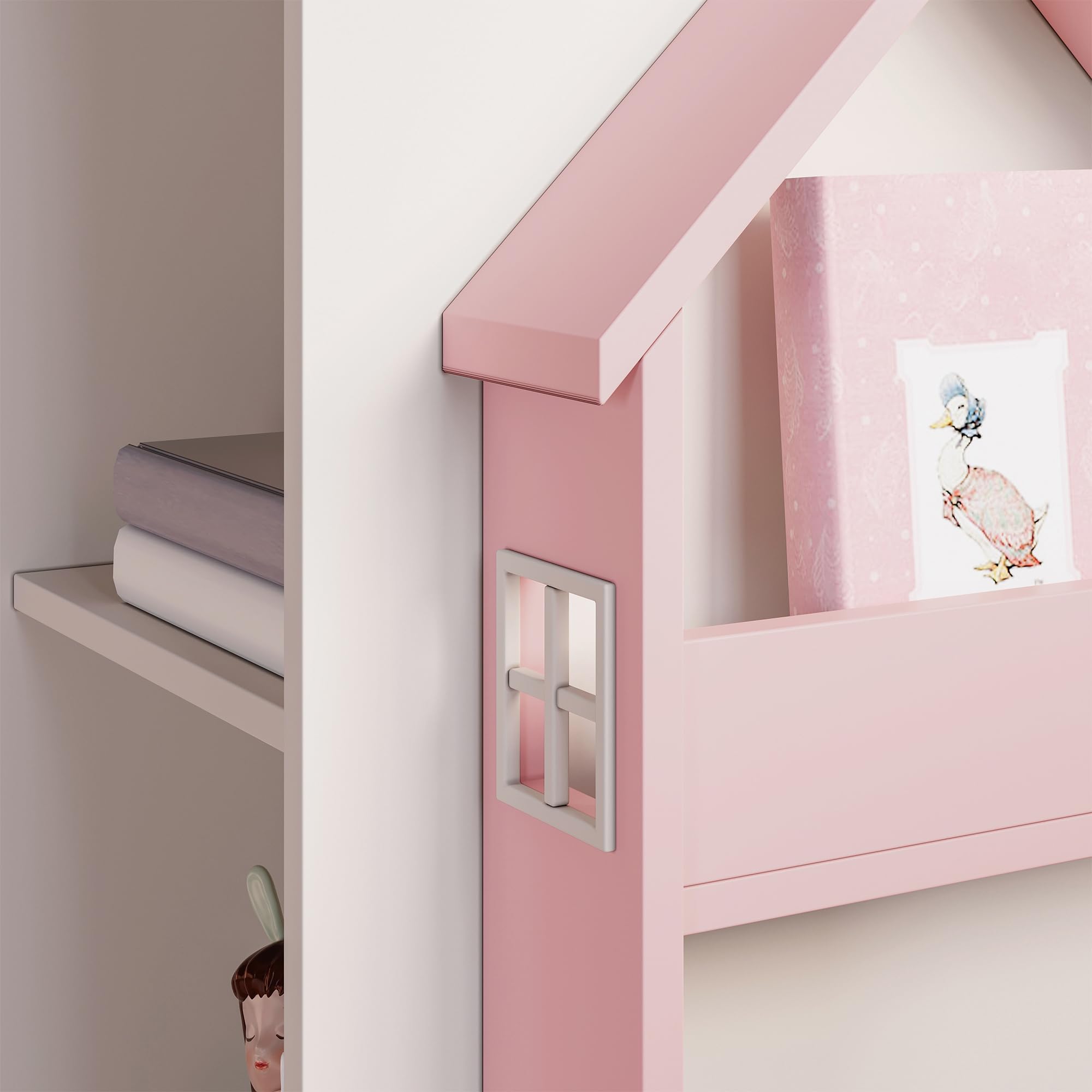 [en.casa] Scaffale Girevole per Cameretta a Forma di Casetta Libreria Rotante per Bambini con Ripiani e Porta Libri Laterali 108x40x40 cm Rosa/Bianco