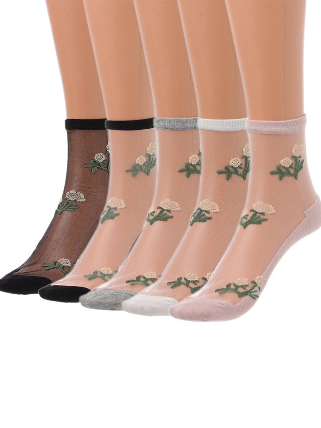 IYOU 5 Pairs Sheer Socks Flower Transparent Socks Glass Summer Mesh Ankle Socks for Women