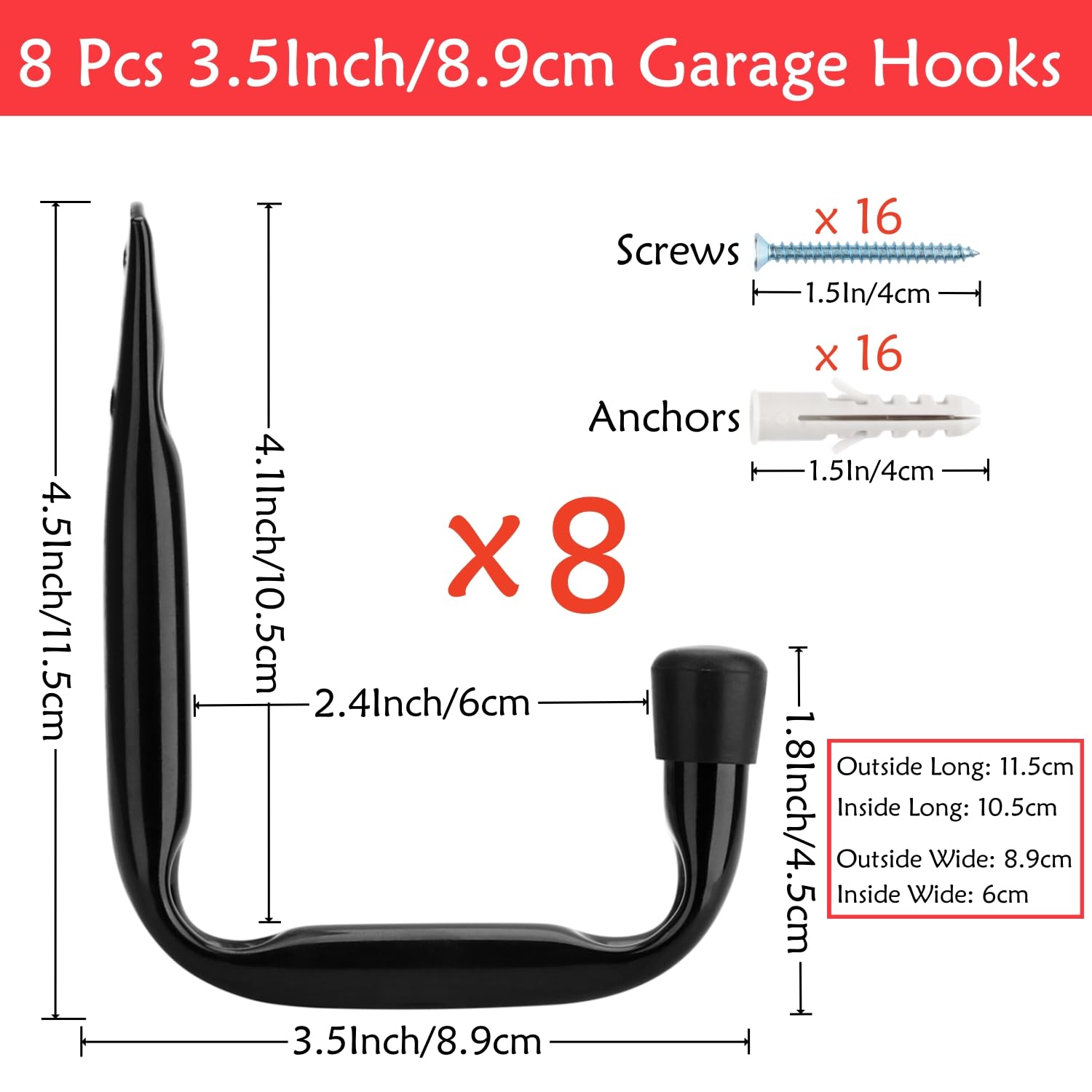 Moundnaik Garage Wall Hooks, 8 Pcs Garage Storage Hooks, Garage Hook for Hanging Heavy Duty Items (Black, 11.5cm x 8.9cm) - Image 2