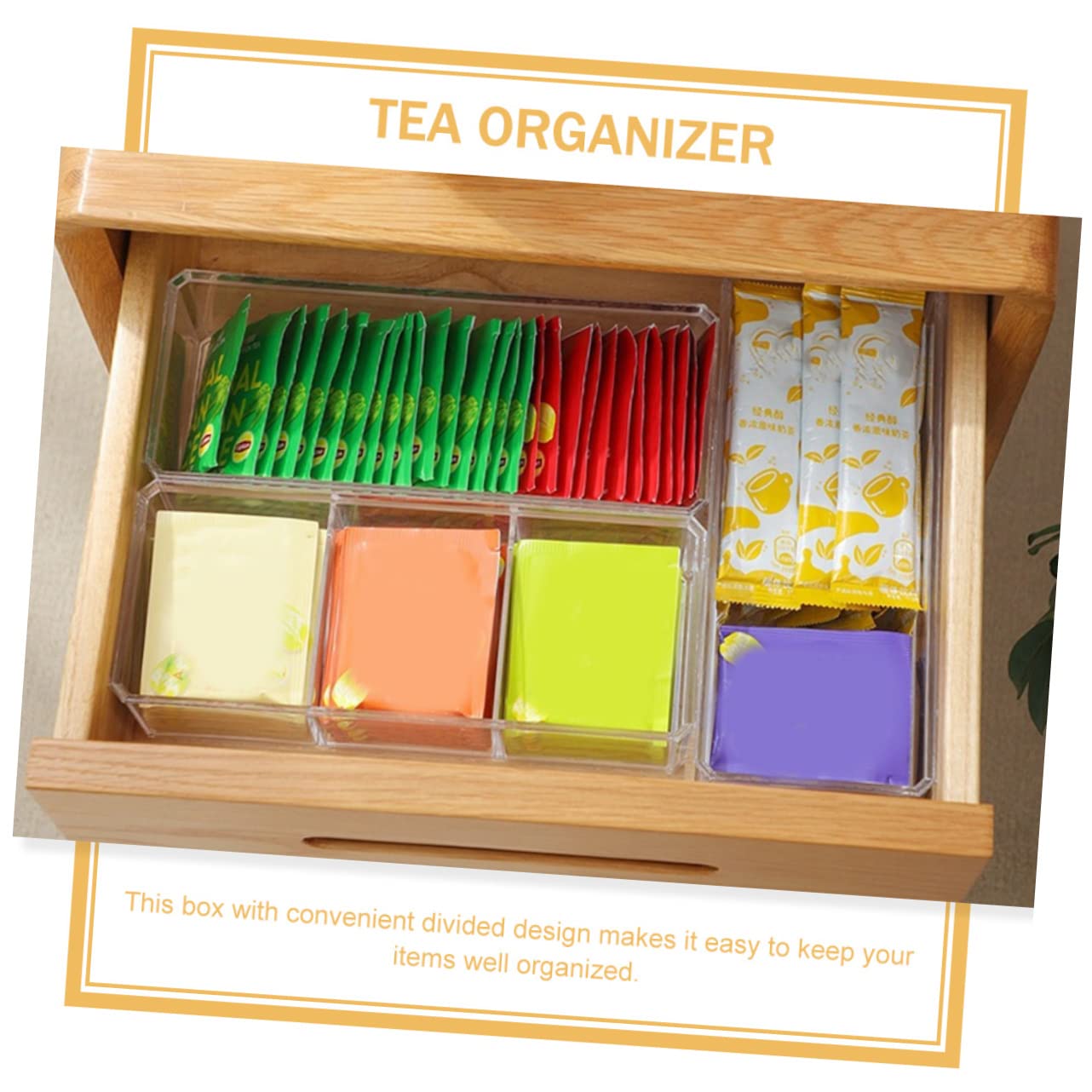 Hemobllo Divided Tea Bag Organizer with Lid Multi Purpose Tea Storage Chest for Home Kitchen Office Coffee Station Versatile Tea Bag Holder for Sundries Coffee and Sugar