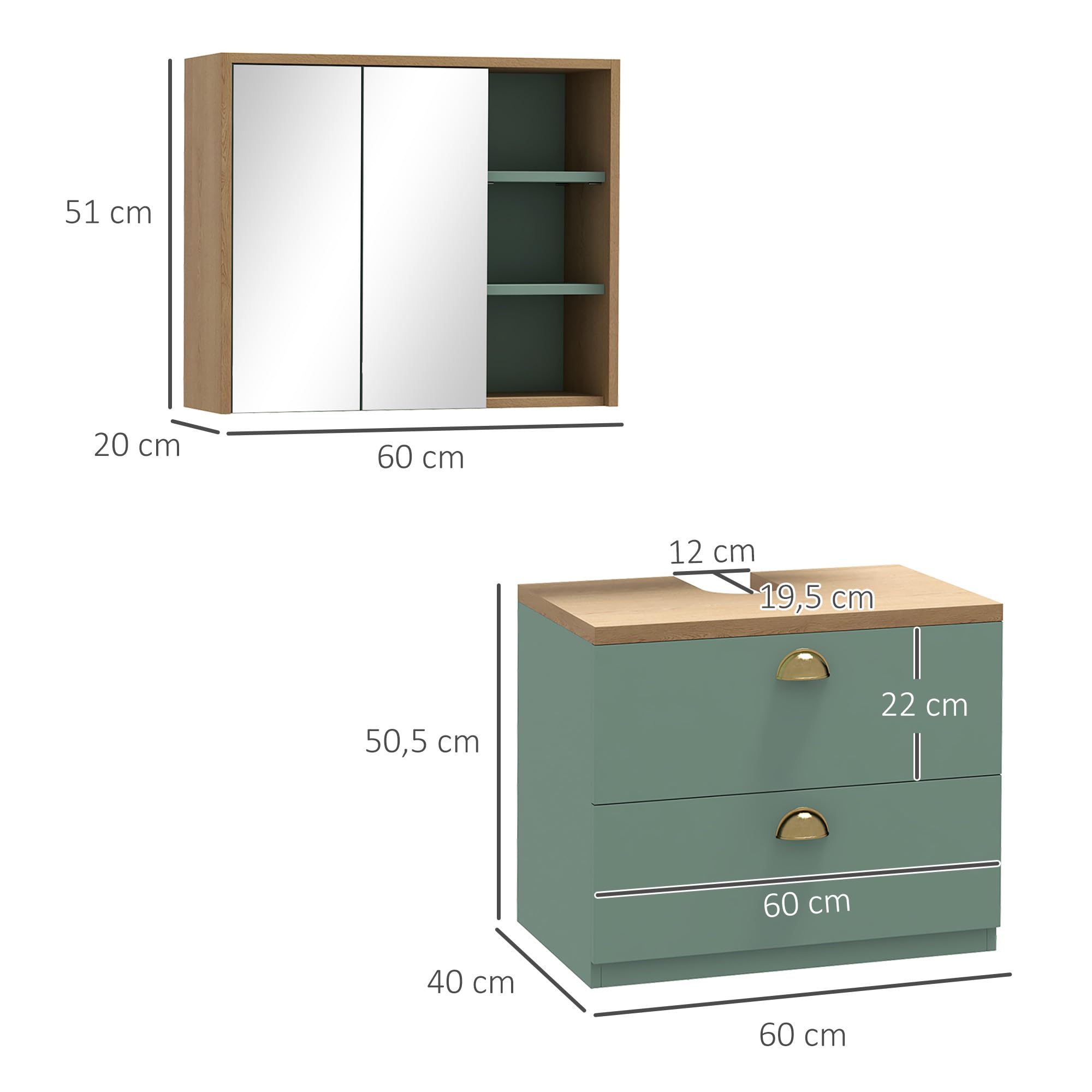 kleankin Ensemble de Meubles de Salle de Bain Armoire Miroir Salle de Bain + Meuble sous lavabo Suspendu avec étagères réglables 2 tiroirs Design scandinave Vert