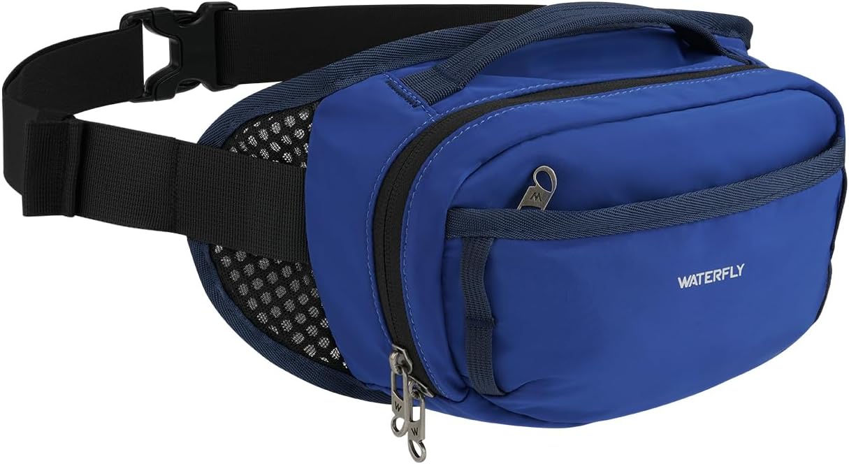 WATERFLY Fanny Pack Waist Bag: 2.3L RFID Blocking Anti-Theft Crossbody Bags with Bellows-Style Opening, Breathable Casual Hip Pack for Women Men Traveling Walking Hiking-Navy Blue