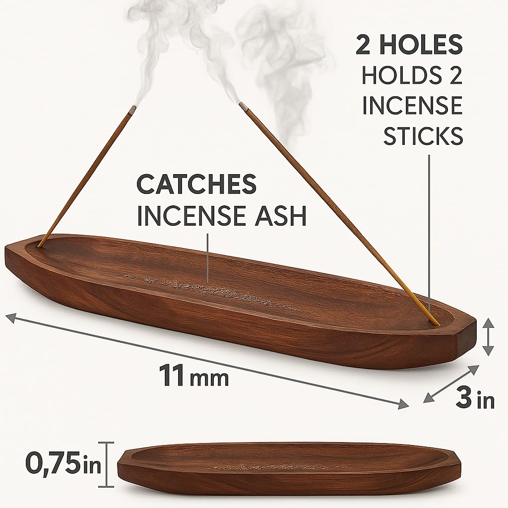 Pure Source India Wooden Incense Holder & Ash Catcher - Handmade Natural Wood Bote Shape Stick Burner with 2 Slots (11 x 3 Inch - 1 Piece) for Home Temple & Meditation 3