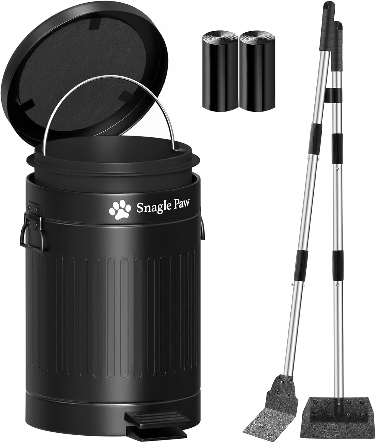 Snagle Paw Metal Dog Pooper Scooper Set,Poop Scooper for Large/Small Dogs with 38.2" Long Handle Tray & Spade,12L Dog Poop Trash Can for Yard with OdorLock Lid & Carbon Filter, Includes 40 Waste Bags
