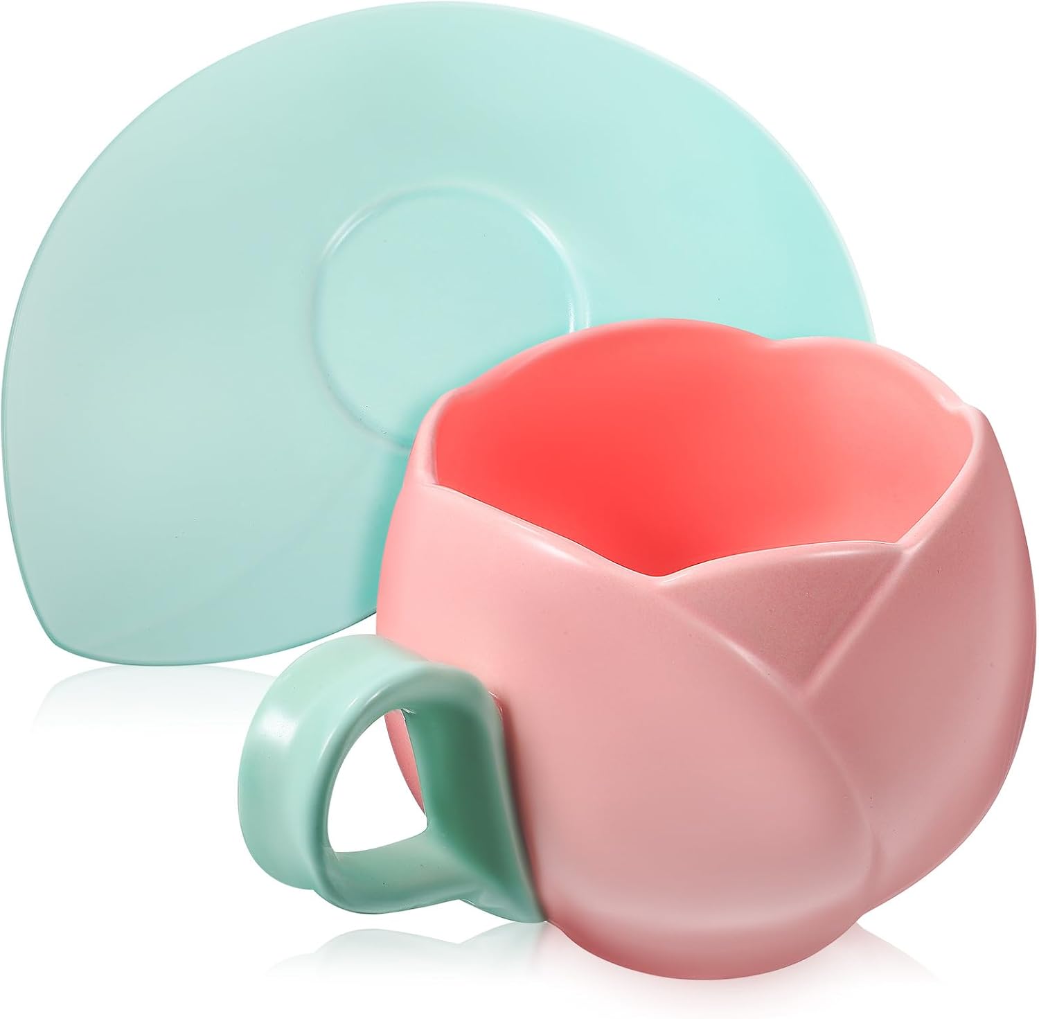 NOLITOY Ceramic Tulipan Coffee Mugs, Cute Pink Mug Tea Cup with Saucer 10 oz/300 ml Retro Tulip Flower Design Cup with Handle for Home Office