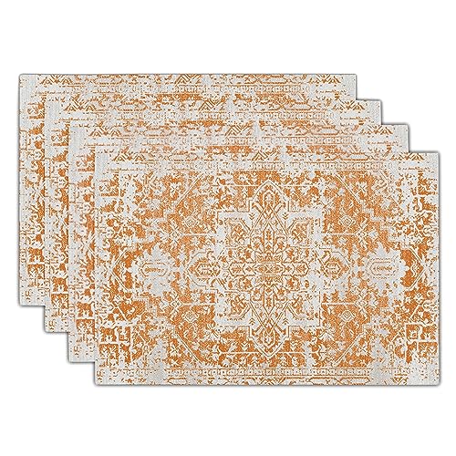 Image of Gray Orange Boho Placemats Set of 4 Ethnic Bohemian Carpet Place Mats Washable Kitchen Dining Vintage Grey Geography Floral Linen Table Mats Stain Heat-Resistant Cloth Tabel for Home Party 12x18 in
