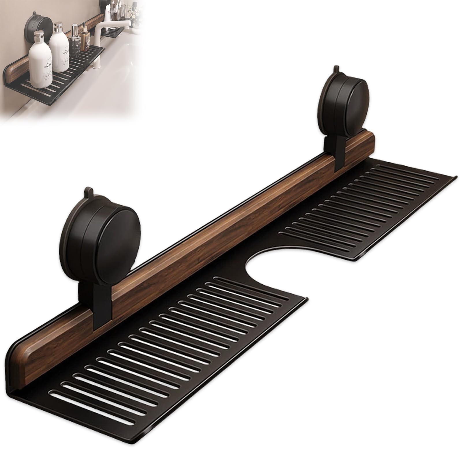 YUANCHUTOP Walnut No-Drill Suction Cup Bathroom Shelf - Wall-Mounted Wood Rack for Kitchen & Bathroom, Over Faucet, Floating Shower Storage Basket (Black, 50 cm)