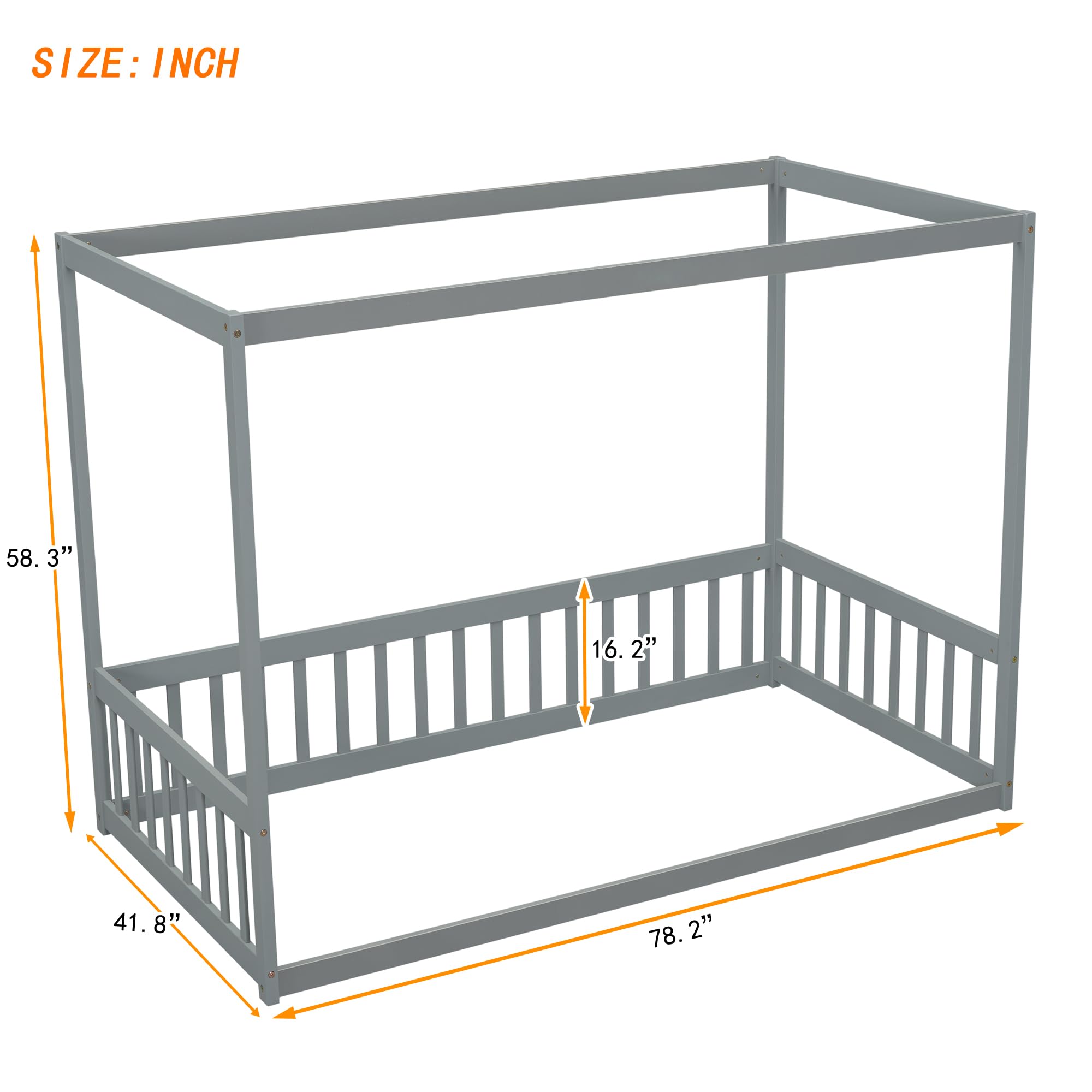 ASKVDL Twin Size Canopy Bed Frame with Guardrails for Kids Bedroom,Floor Bed w/Fence/Near Ground Design/Easy to Assemble for Boy & Girl,No Spring Box Required, Grey