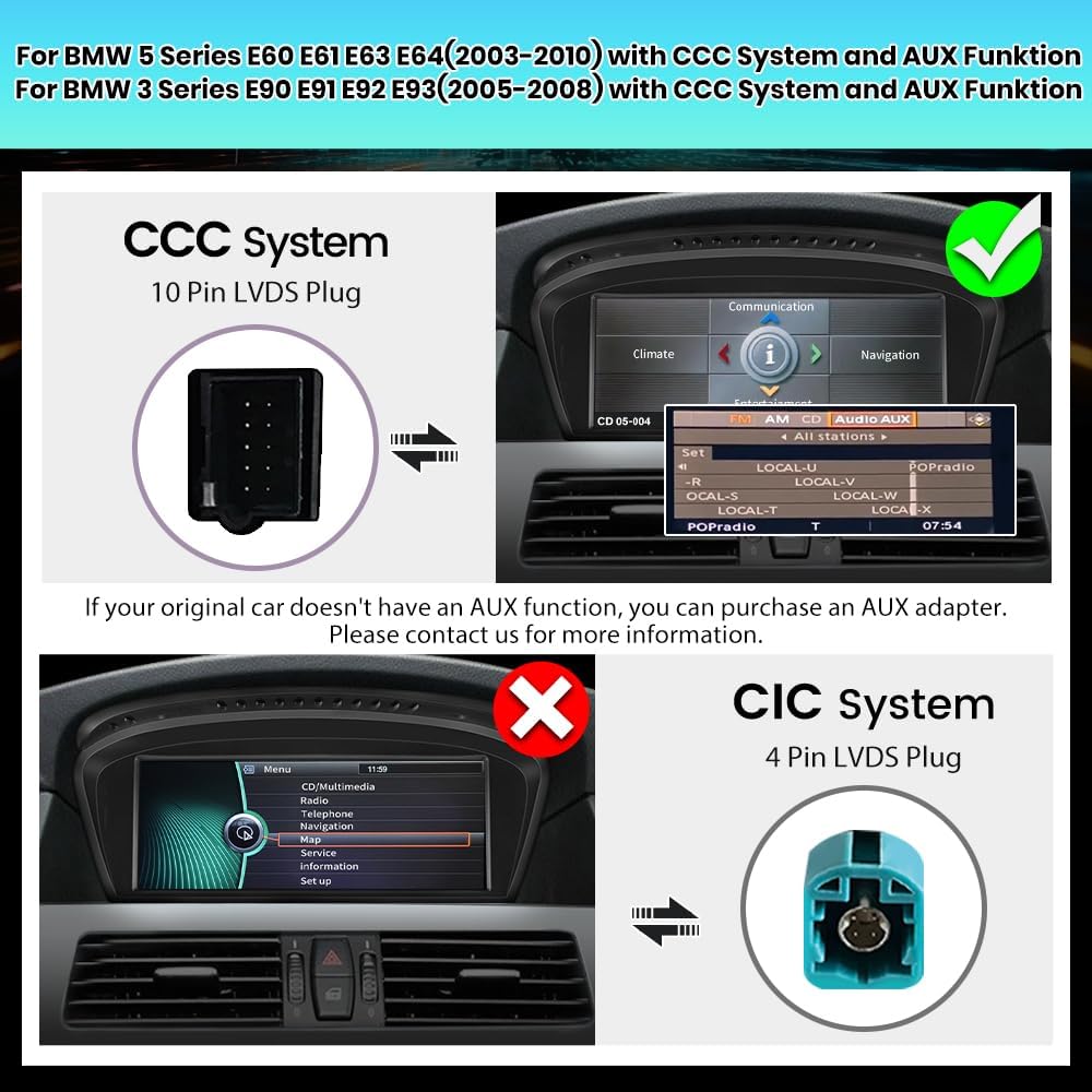 Car Radio for BMW E60 E61 E63 E64 E90 E91 E92 E93 2005-2008 with CCC System, Support Display of Original car System, Carplay, Android Auto, Yoube, WiFi, Bluetooth, Steering Wheel Controls