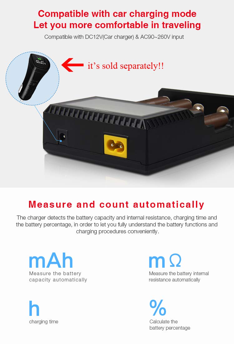 LGIDTECH C4 18650 Chargeur de Batterie Intelligent 4 emplacements avec écran LCD pour Batteries Rechargeables Li-ION (4,2 V/4,35 V)/IMR/INR/ICR/LiFePO4 (3,6 V)/Ni-MH/Ni-CD (1,48 V)