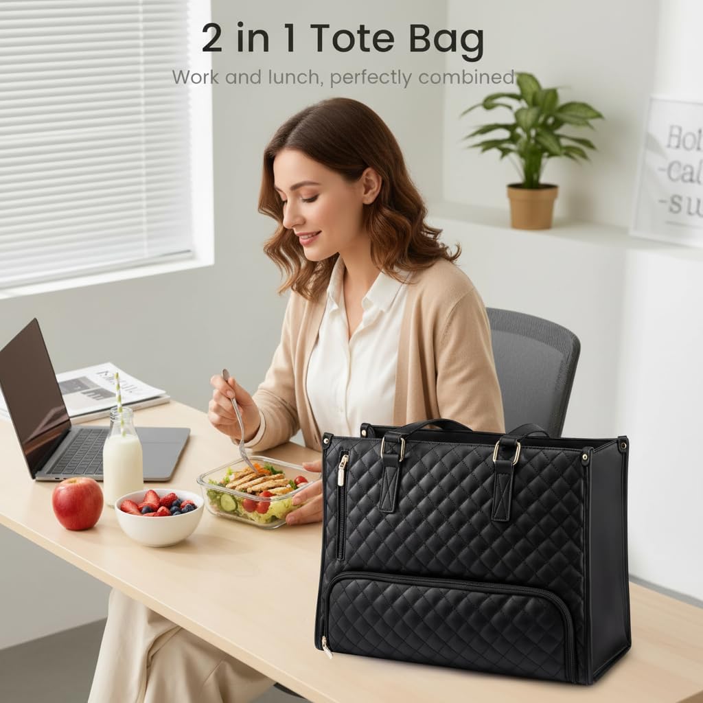 Lunch Tote Bag for Women 17.3 Inch Laptop Bag with Insulated Lunch Compartment Leather, Quilted Computer Tote, Quilted Work Bag for Office, Teacher, Commuter (Black) - Image 4