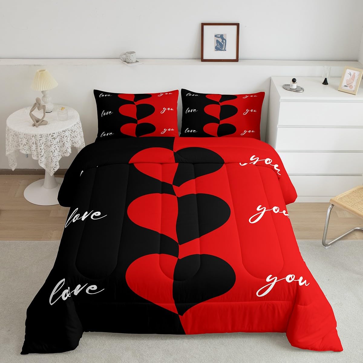 Erosebridal Red and Black Comforter Set Full Size Romantic Valentine's Day Love Hearts Bedding Set for Women Men Couples Wedding Gift His and Hers