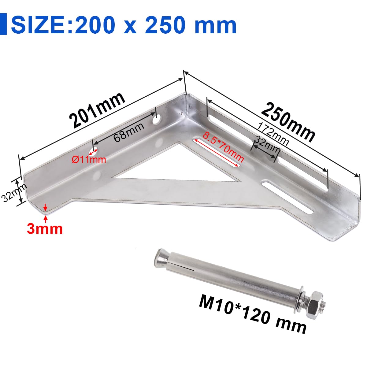 Soporte de tubería en L de 2 piezas, 200 × 250 mm, soporte industrial de acero inoxidable 304, soporte de hierro en ángulo recto, soporte de pared resistente para tuberías de gas o agua.