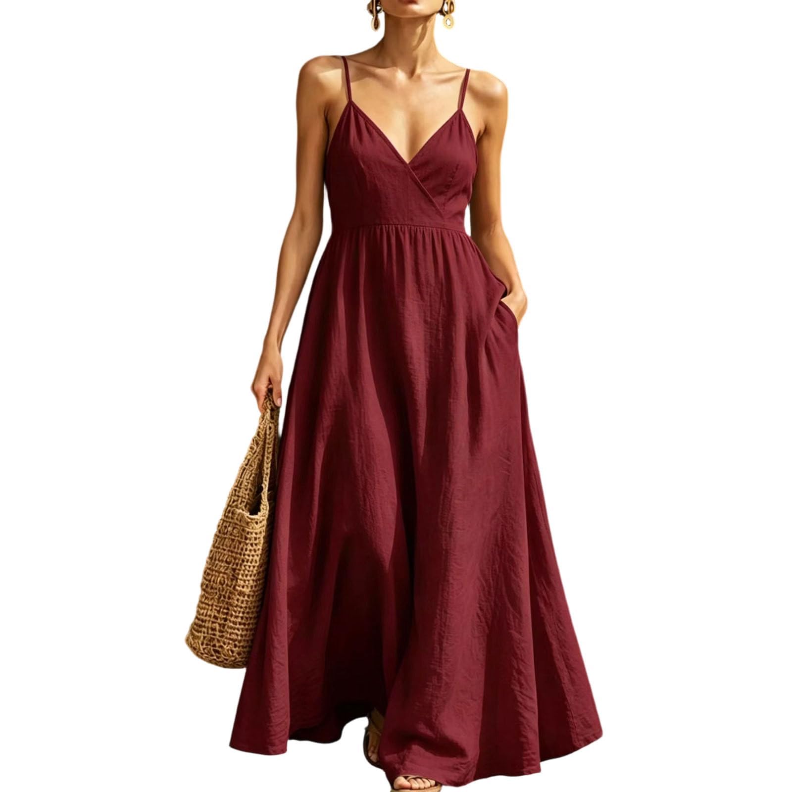Vestido largo para mujer, cuello en V, tirantes ajustables, vestido largo acampanado, para playa, vacaciones, fin de semana, excursiones, paseos diarios