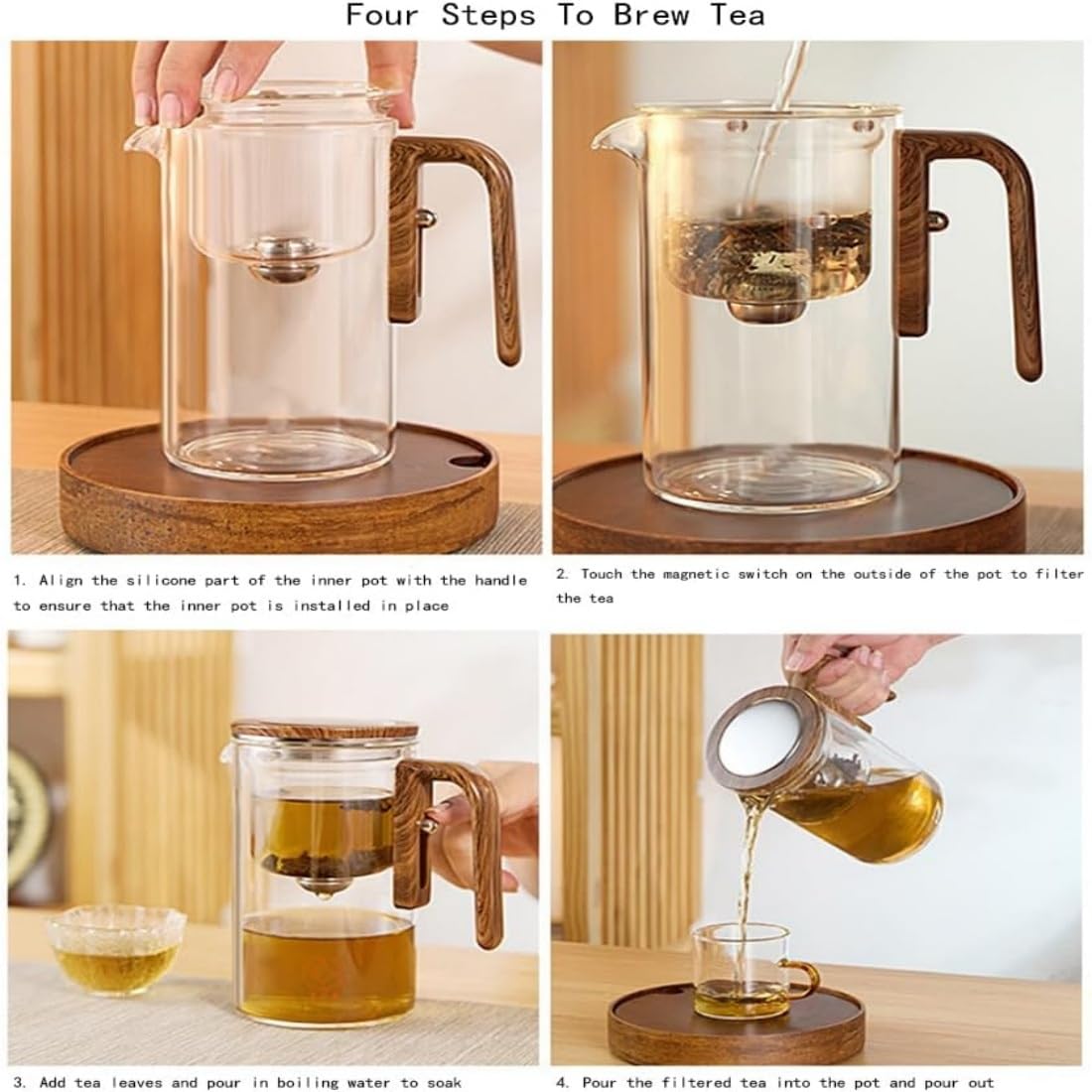 Wassertrennende Glasteekanne mit Holzgriff, 2026 Neu Teapot, Teekanne mit Siebeinsatz Glas Holzdeckel, Drucksteuerung, Hohe Temperaturbeständigkeit, Das Leben Genießen und Entspannen(A-4,800ML)