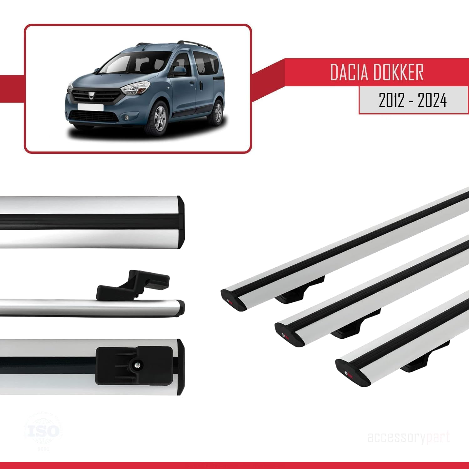 Kompatybilny z Compatible with Dacia Dokker (K67) 2012-2024 BASIC Model Aluminiowy bagażnik dachowy 3 poprzeczki, szary