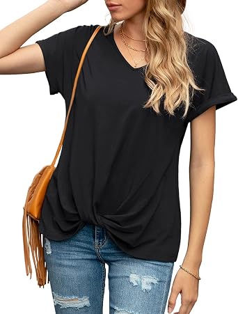V Neck Blouses T Shirts Twist Knot Tees 