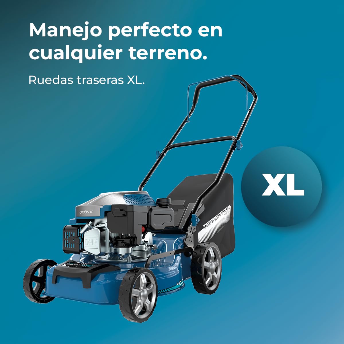 Cecotec Cortacésped de Gasolina Motor 144cc Terrenator 2700.41 Plus Total Z | Ancho de Corte 41cm, Cuerpo de Acero, Cambio de Altura Sistema Z-Tech, 3in1 con Mulching, Ruedas Traseras XL