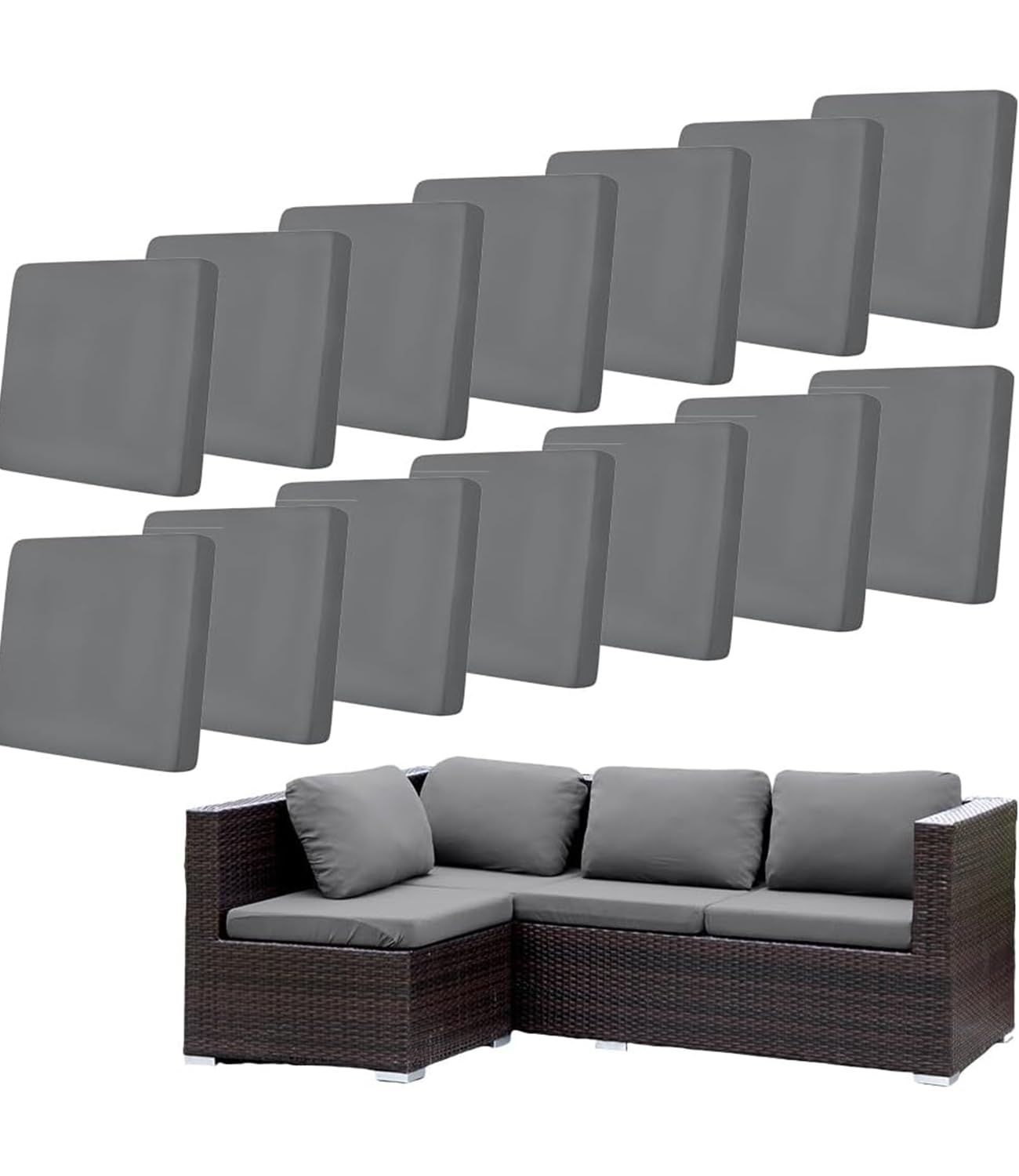 Hiseng Patio Cushion Covers Outdoor, 14 PCS Stretch Rattan Replacement Slipcovers for Garden Sofa & Couch, Grey Washable Individual Sofa Seat Cover with Elastic Band