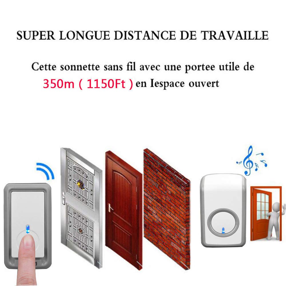 Mini Campanello Wireless Impermeabile IP44, Kit Campanello Porta a Lungo Raggio 1150 piedi/350 m, 3 Pulsanti e 3 ricevitori, 48 suonerie, 6 Livelli di Volume, indicatore
