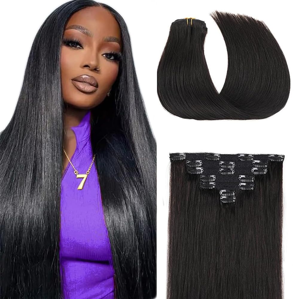 Photo 1 of #1B Straight Clip in Hair Extensions Real Human Hair, 24 Inch 120g/7Pcs,Full Shine Remy Human Hair,Natural Black Clip ins Brazilian Virgin Human Hair Extensions