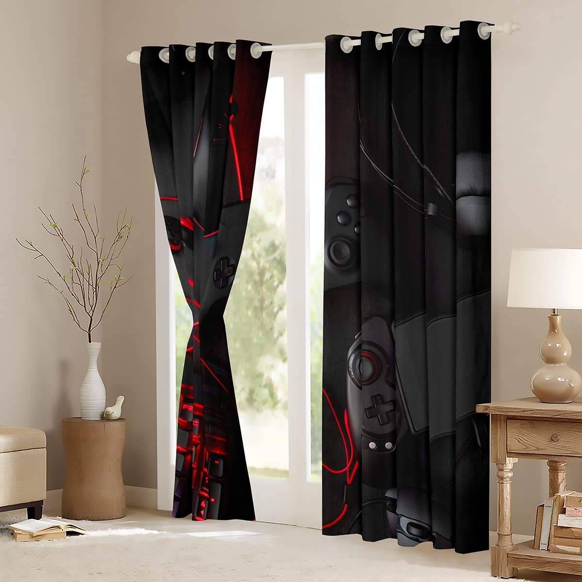 Loussiesd Giocare, tende opache per camera da letto, soggiorno, per ragazzi e ragazzi, cuffie, console da gioco, tastiera del mouse, tenda da finestra, colore nero, rosso, 175 x 140 cm, set da 2