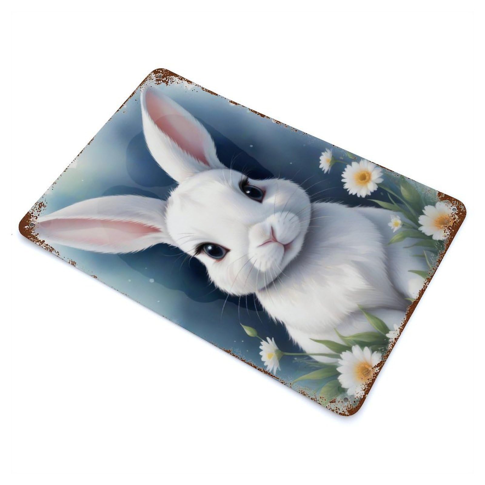 Decorative Tin Sign White Bunny Painting 11.8"x7.9", Decorative Metal Wall Art for Garage, Bar And Workshop Decor
