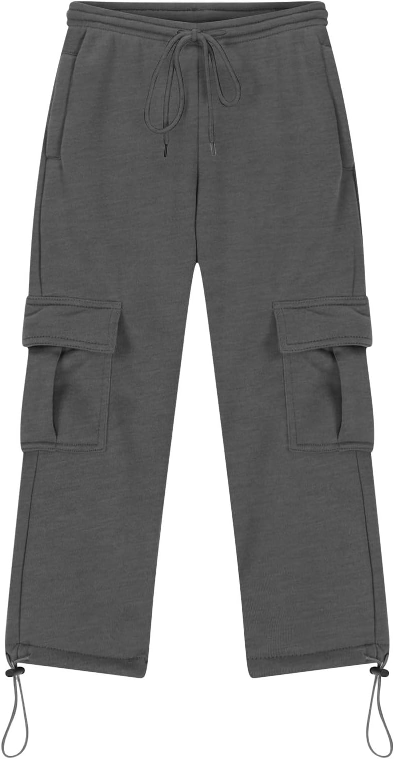 Boys' Open Bottom Fleece-Lined Sweatpants with Pockets High Elastic Waist Baggy Wide Straight Leg Pants 5-15 Years