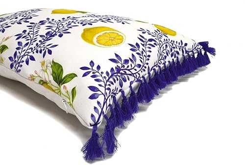 Miniatura 2 de Dekorinyo Almohada siciliana de limón cítrico  Funda de cojín rectangular de hojas y limones azul mayólica italiana con bordes de borlas varios