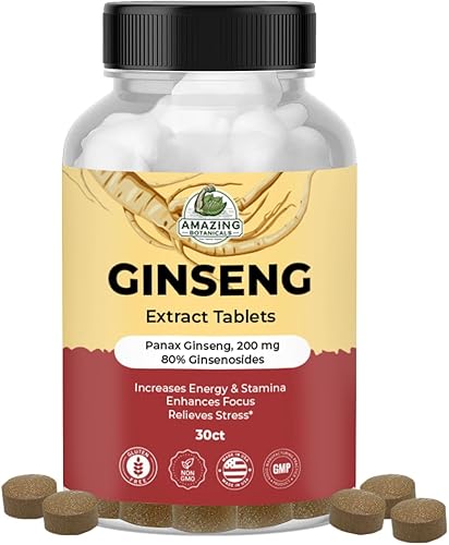 Amazing Botanicals Panax - Tabletas de extracto de ginseng – 200 mg altamente potentes 80% de ginsenósidos para energía y relajación – Suplemento