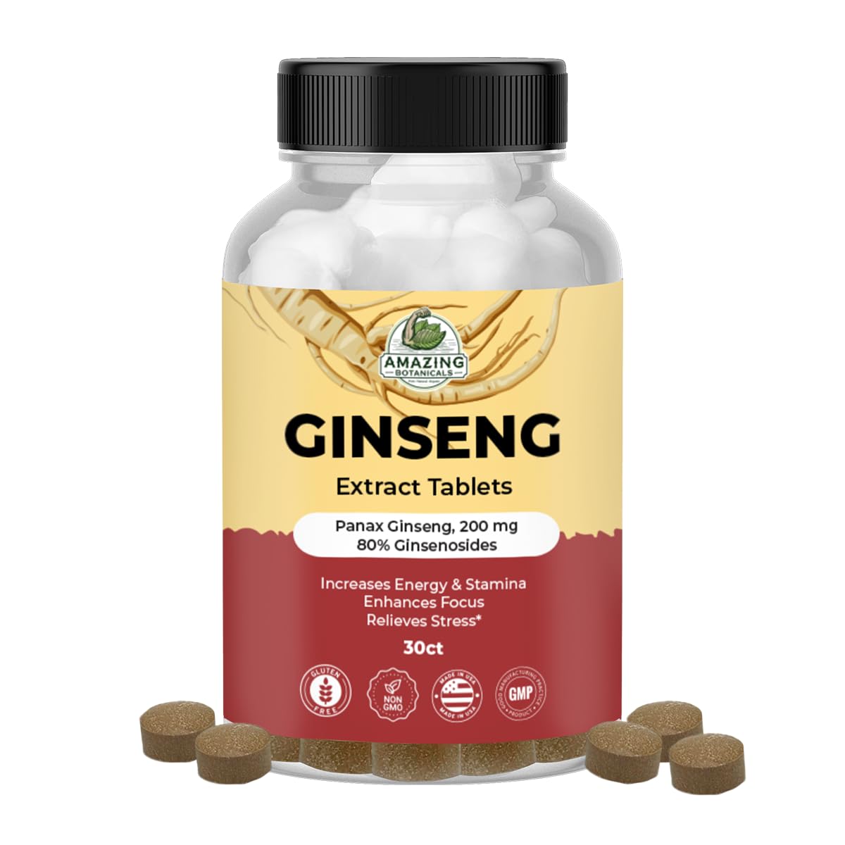 Amazing Botanicals Panax Ginseng Extract Tablets - 200mg Highly Potent 80% Ginsenosides for Energy & Relaxation - Natural Herbal Supplement for Cognitive Booster - 30 Tablets